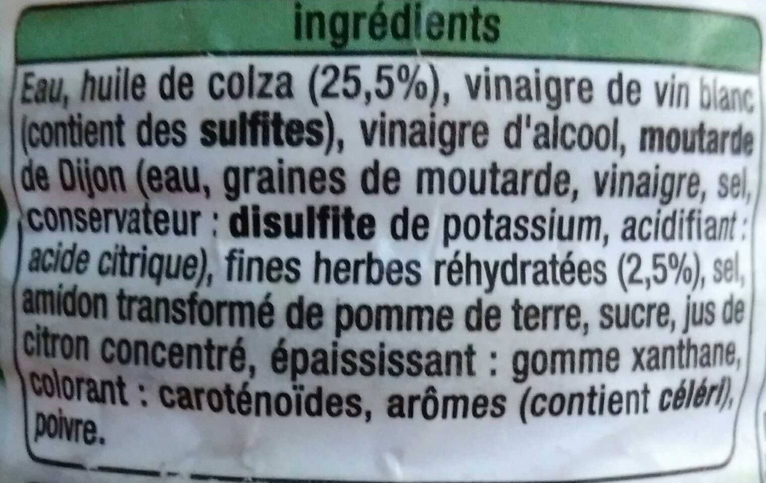 Vinaigrette saveur fines herbes allégée en matières grasses - Ingredients - fr