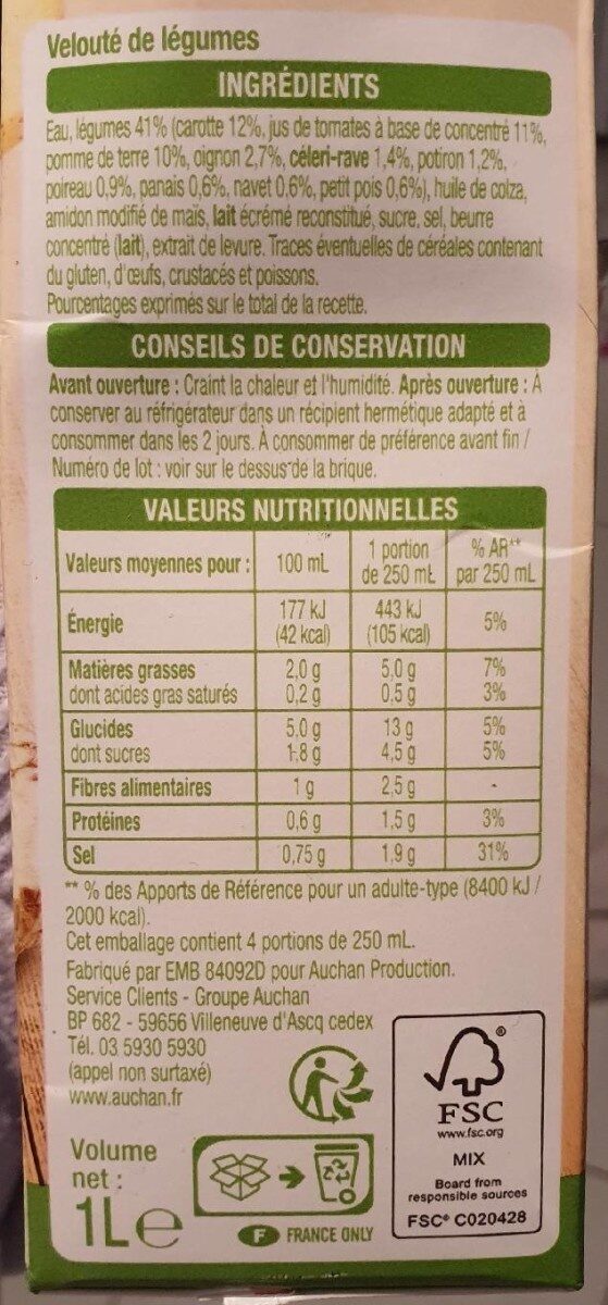 Velouté de légumes - Nutrition facts - fr