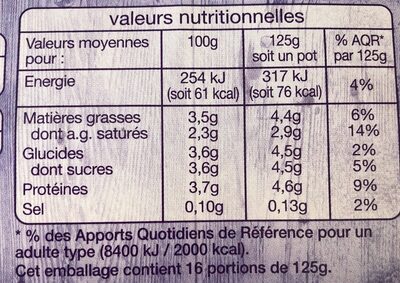 Yaourt brassé nature Onctueux - Tableau nutritionnel