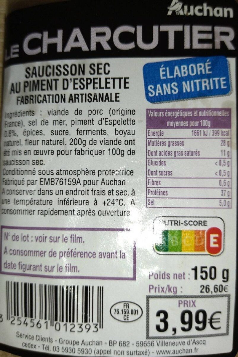 Saucisson sec au piment d'espelette - Nutrition facts - fr