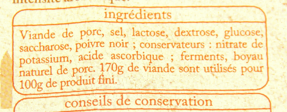 Saucisson sec pur porc supérieur Pyrénées - Ingrédients