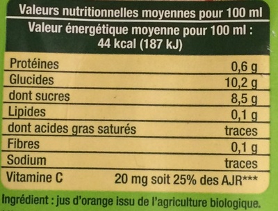 Jus d'orange 100% pur jus bio - Nutrition facts - fr
