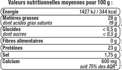 Fromage pour raclette au lait pasteurisé aromatisé fumé 28% de matièregrasse - Tableau nutritionnel