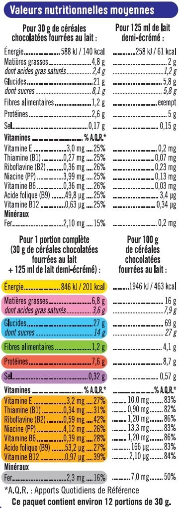 Céréales chocolatées fourrées au lait - Nutrition facts - fr