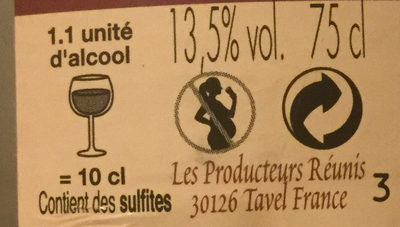 Vin rosé AOC Tavel Les Hauts de Mélaine - Nutrition facts