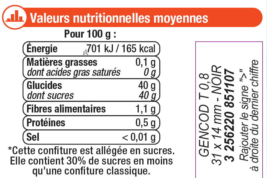 Confiture d'abricot allégée - Nutrition facts - fr