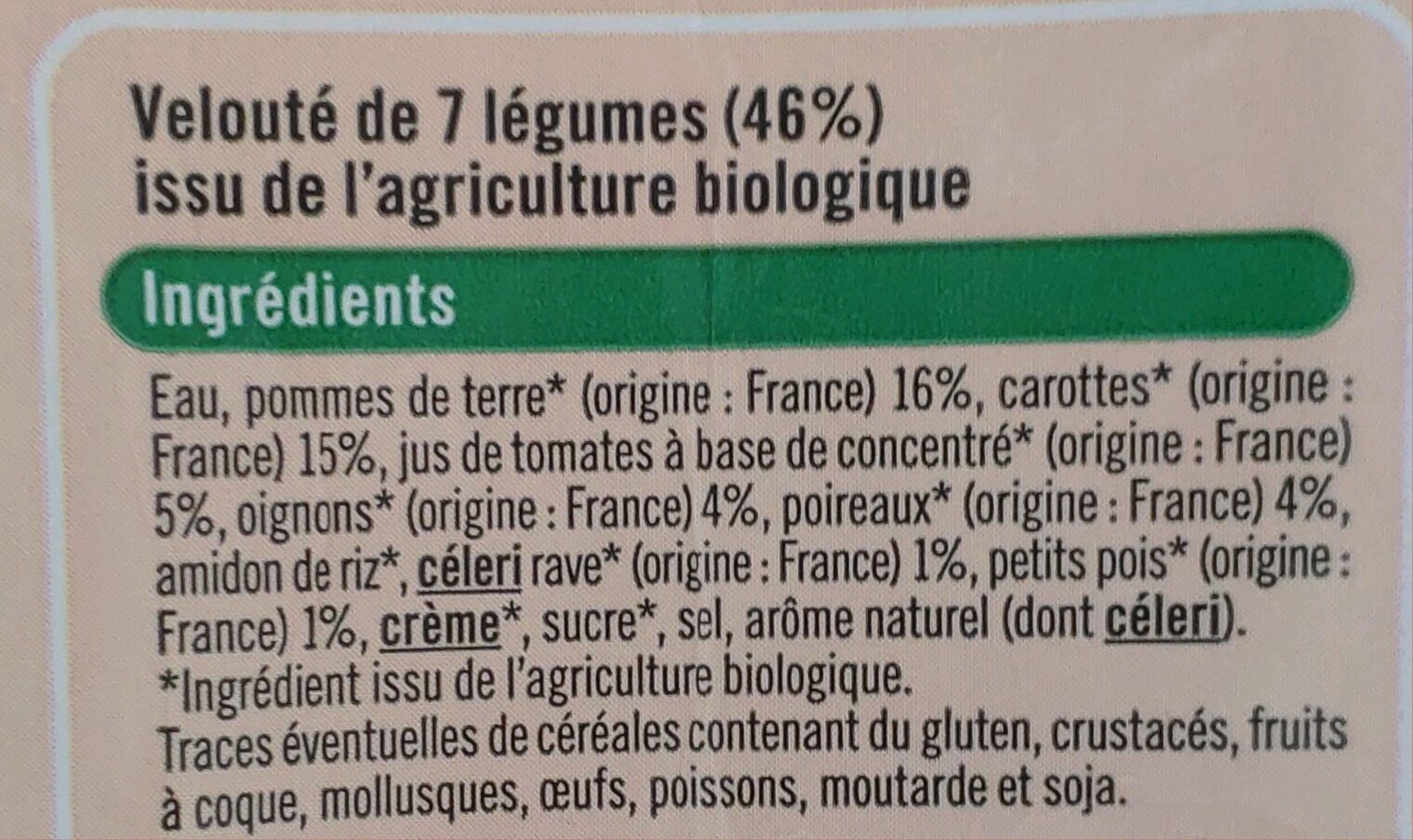 Velouté 7 légumes bio - Ingredients - fr