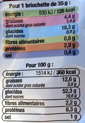 Briochettes Pocket (x 12) aux pépites de chocolat au lait 420 g - U - Tableau nutritionnel