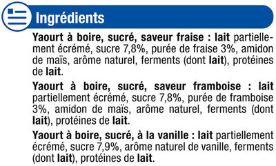 Yaourts à boire 3 parfums fraise vanille framboise - Ingredients - fr