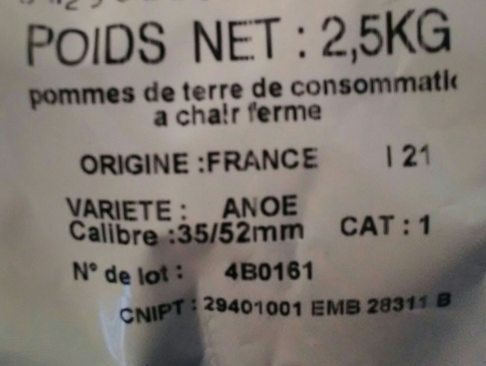 Pomme de terre Anoe, de consommation à chair ferme, calibre 35/55mm cat.1 - Ingredients - fr