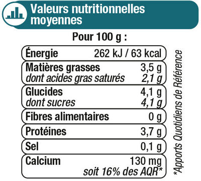 Lait fermenté au lait entier au bifidus nature - Nutrition facts - fr