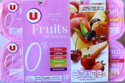 Yaourts 0% mg, aux fruits avec morceaux, fraise-ceris-pêche-ananas-poire-pruneau - Product - fr