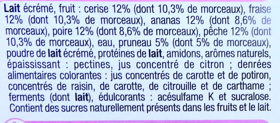 Yaourts 0% mg, aux fruits avec morceaux, fraise-ceris-pêche-ananas-poire-pruneau - Ingredients - fr