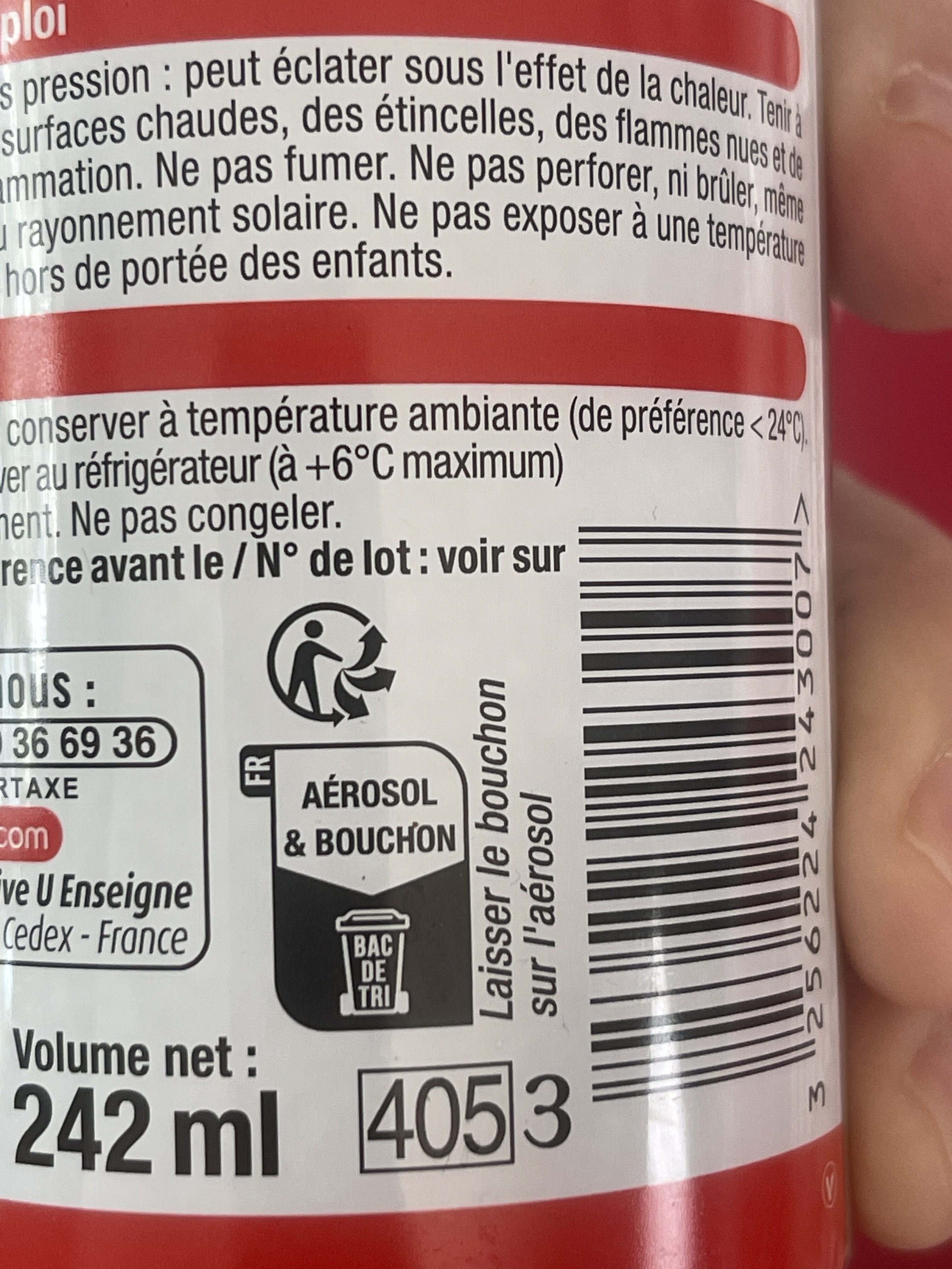 Crème sucrée vanillée UHT sous pression 27%mg - Instruction de recyclage et/ou informations d'emballage