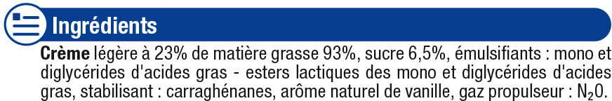 Crème légère sucrée et vanillée UHT sous pression 21%MG - Ingredients - fr