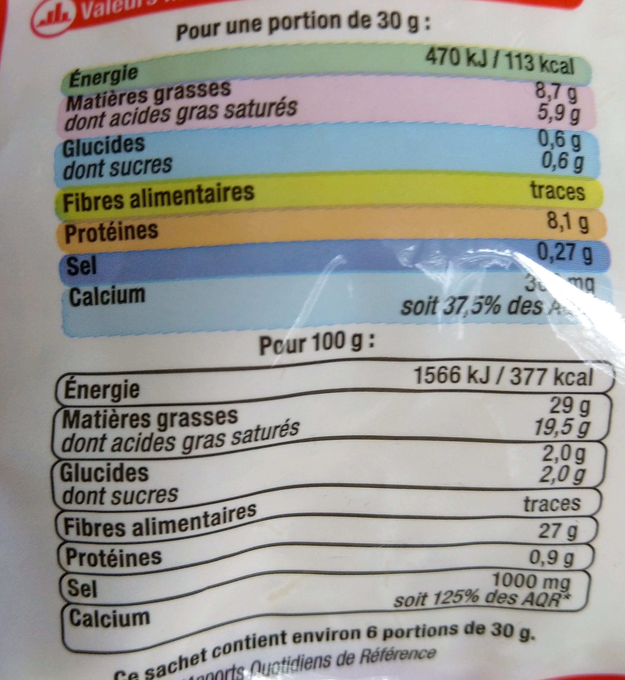 Fromage pasteurisé Emmental français râpé 29%MG - Nutrition facts - fr