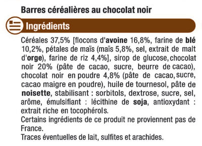 Barre de céréales au chocolat noir - Ingredienti - fr