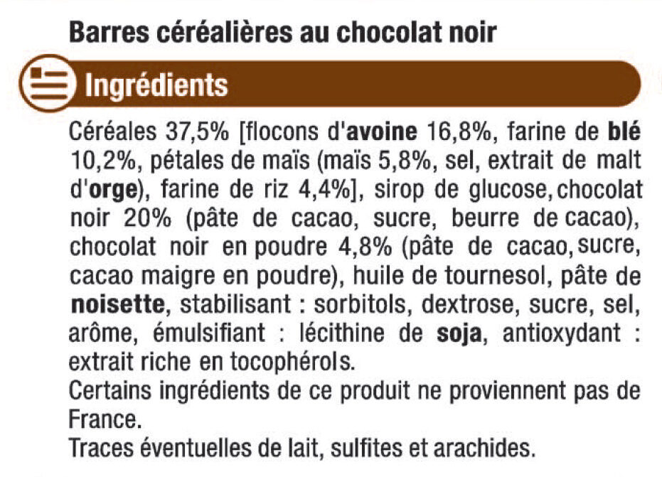Barre de céréales au chocolat noir - Ingredienti - fr