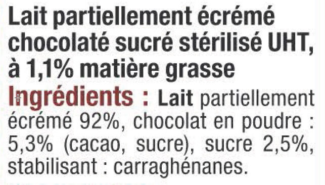 Lait UHT arôme chocolat - Ingredients - fr