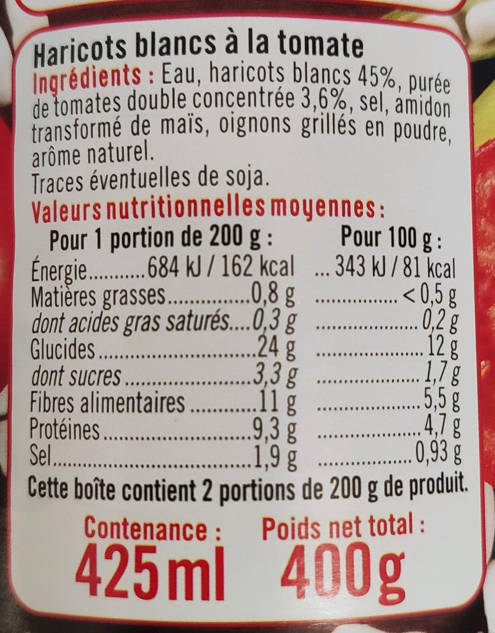 Haricots blancs tomate - Tableau nutritionnel
