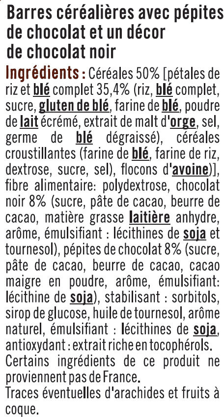 Barre de céréales riz et blé complet chocolat - Ingredients - fr