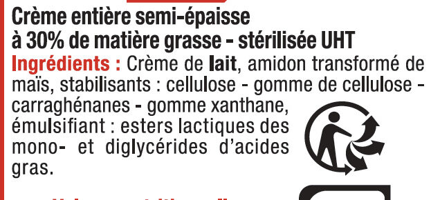 Crème UHT semi-épaisse 30% de MG - Zutaten - fr