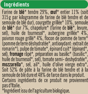 Tortellini aux légumes grillés Bio - Zutaten - fr