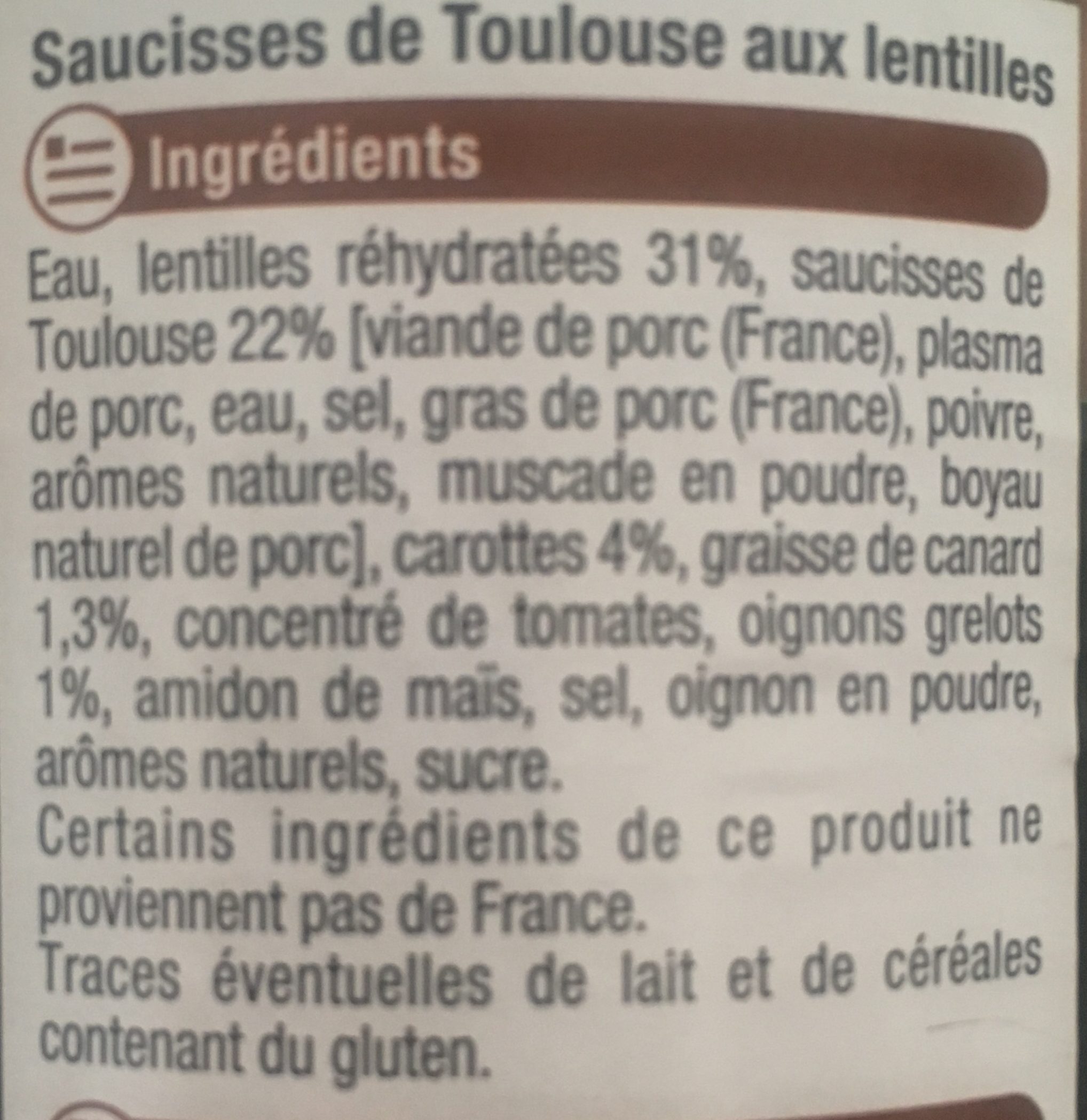 Saucisses de Toulouse aux lentilles - Ingrédients