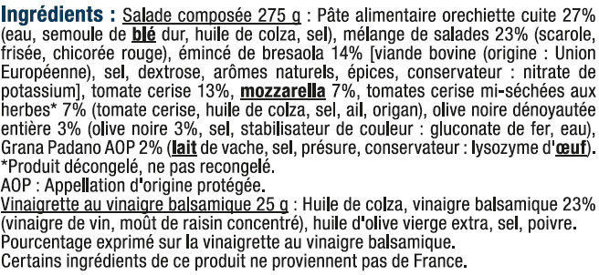 Salade Orecchiette Bresaola, mozarella et olives - Ingrédients