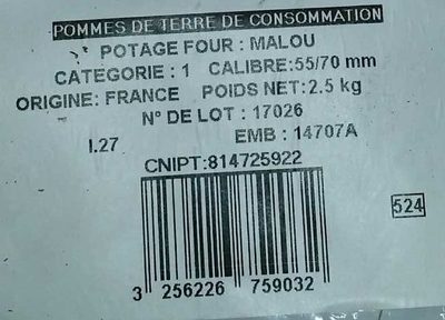 Pomme de terre, Malou, de consommation, calibre 55/75mm catégorie1 - Ingredients - fr