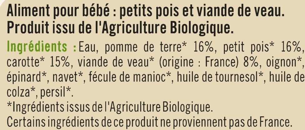 Assiette de petits pois et vea U_BIO U_TOUT_PETITS Bio - المكونات - fr