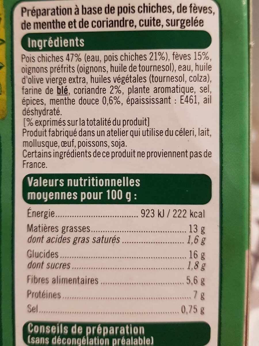 Falafels fèves menthe et coriandre - Tableau nutritionnel