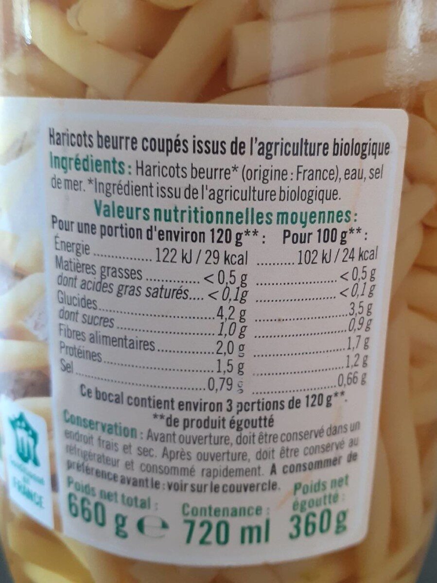 Haricots beurre coupés - Tableau nutritionnel