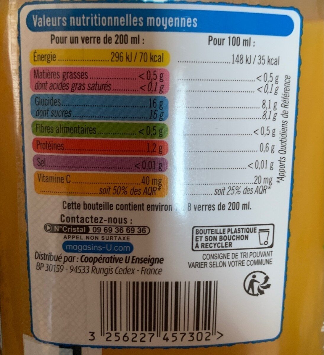 Pur jus d'orange sans pulpe flash pasteurisé, réfrigéré - Nutrition facts - fr