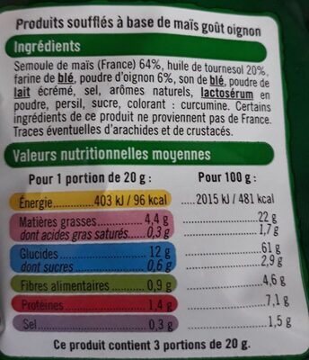 Soufflés à base de maïs goût oignon - Voedingswaarden - fr