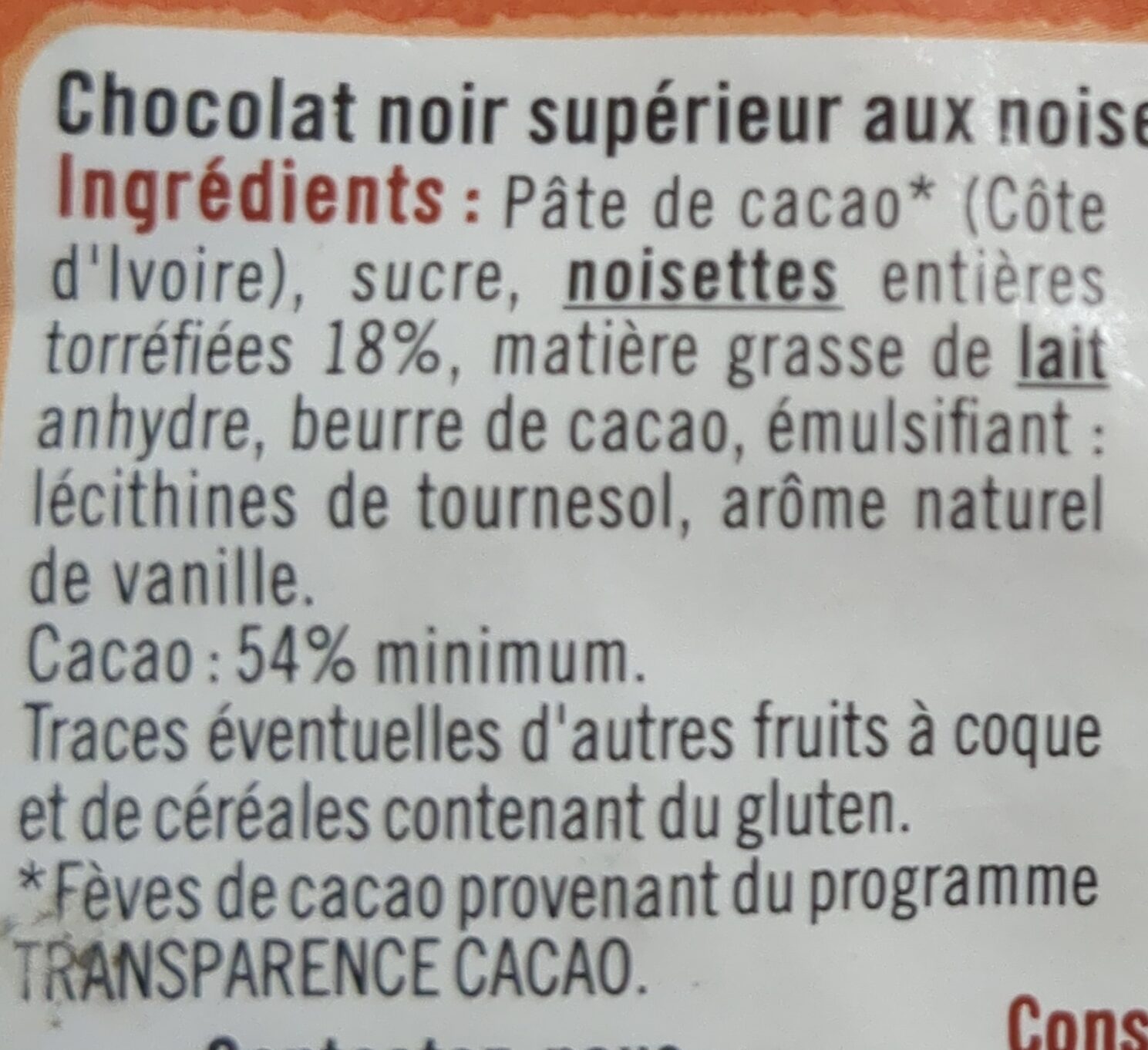 Chocolat noir noisettes - Ingredienser - fr