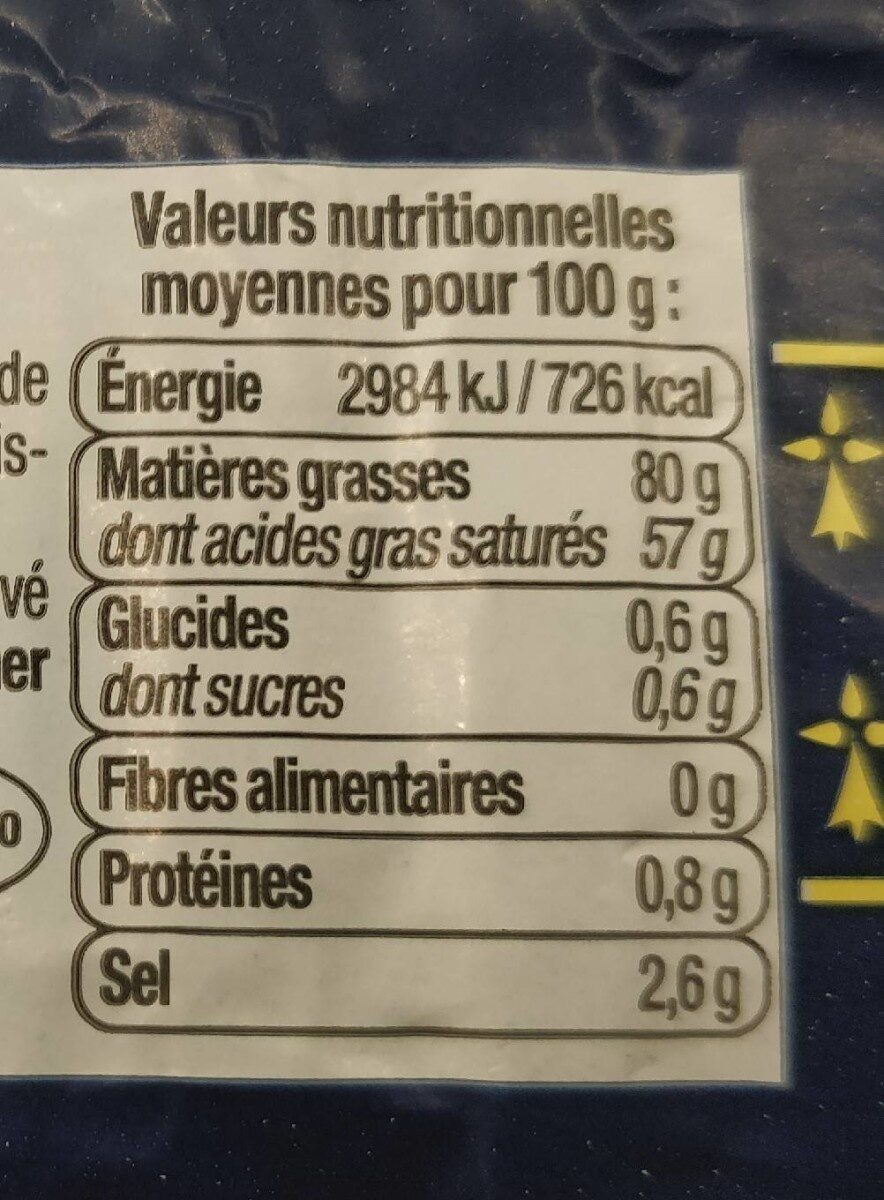 Beurre moulé aux cristaux sel de Guérande 80%mg - Tableau nutritionnel