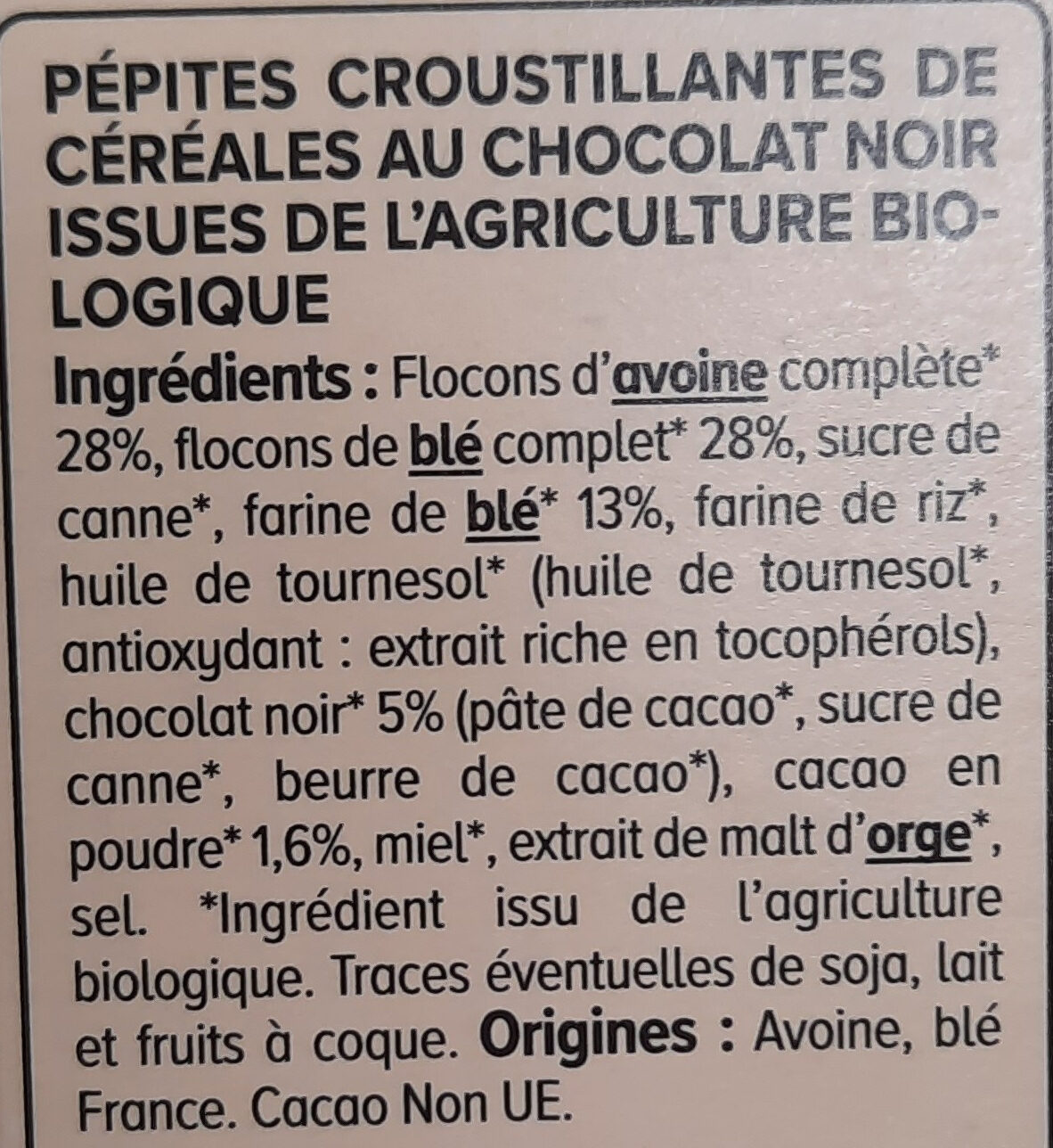 Muesli croustillant chocolat noir - Ingredientes - fr