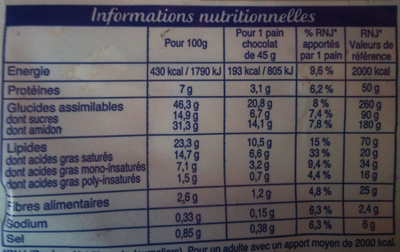 Pains au Chocolat (x 8) au levain 360 g - Brioche Pasquier - Tableau nutritionnel