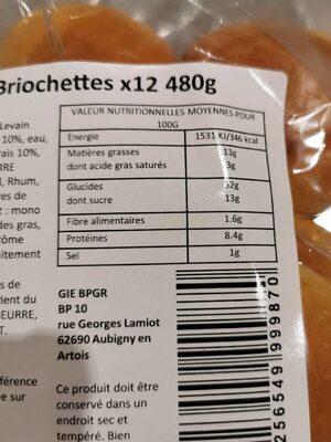 Briochettes - Tableau nutritionnel