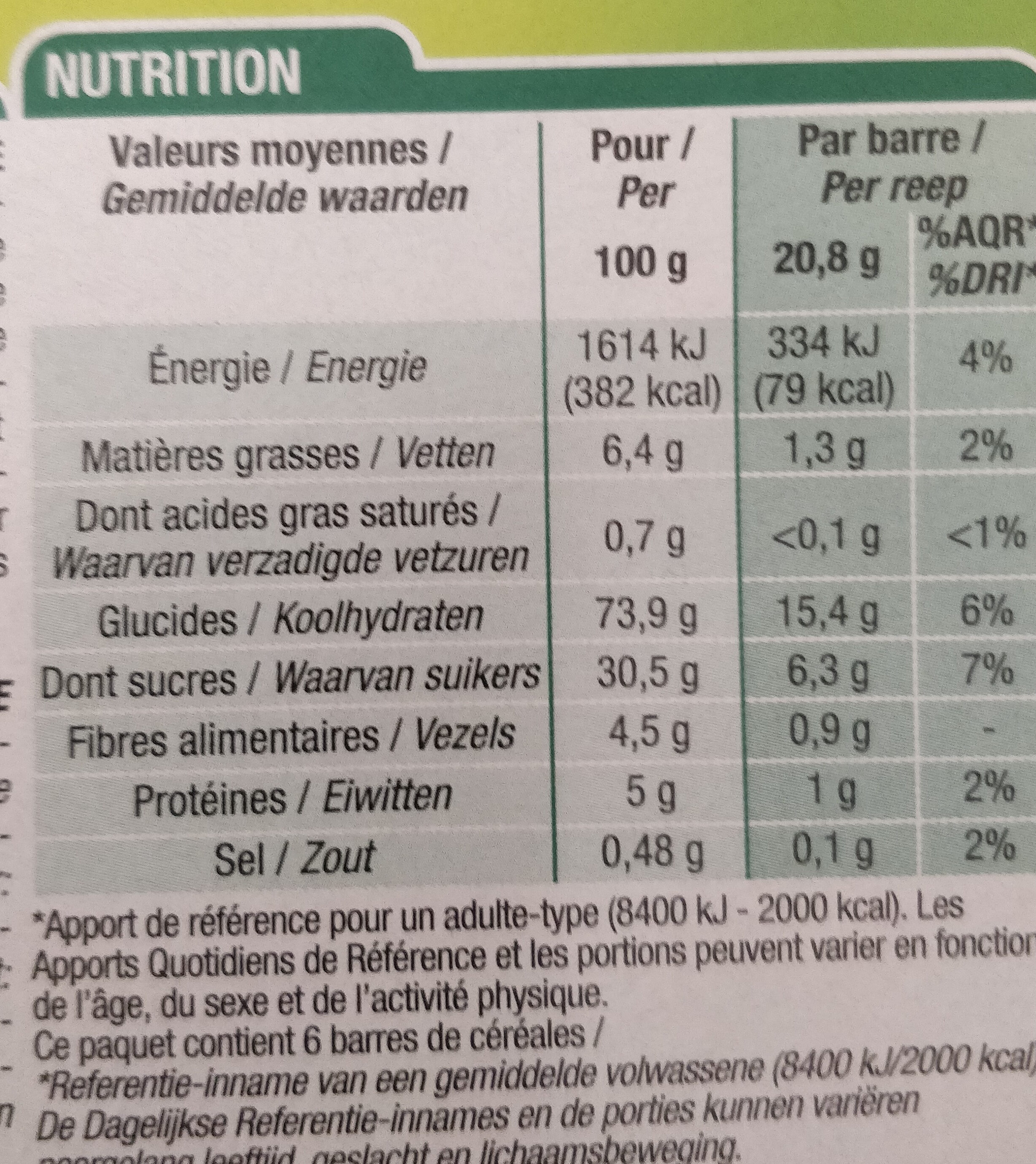 6 Barres Céréales Pomme Verte - Tableau nutritionnel