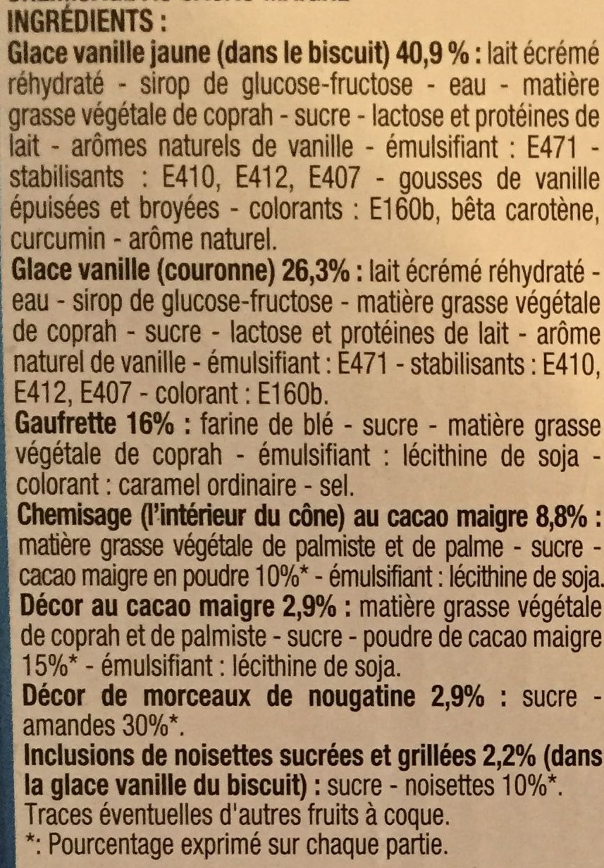 Cônes Vanille - Ingrédients