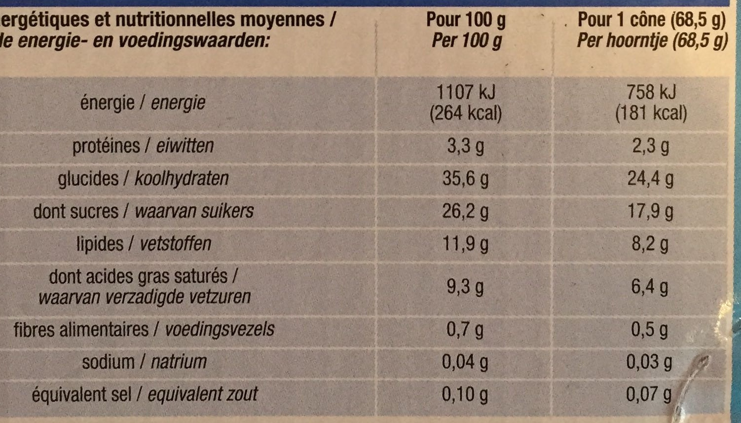 Cônes Vanille - Nutrition facts - fr