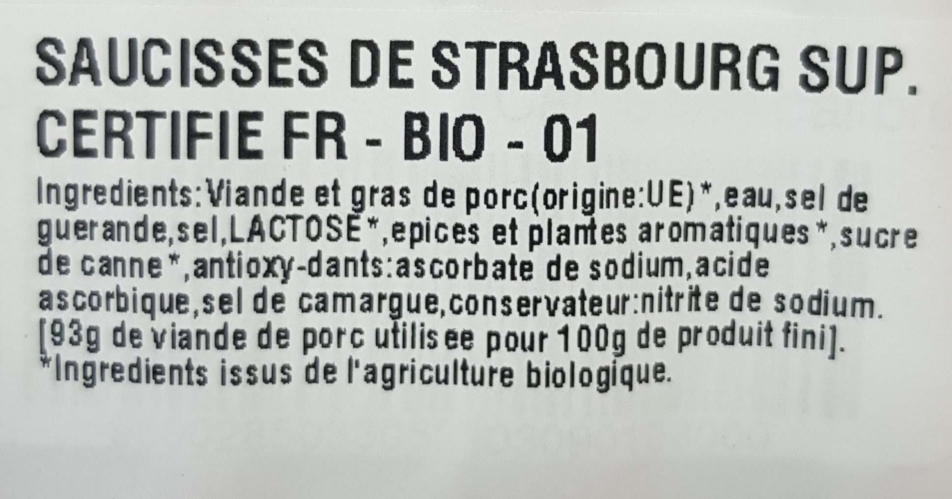 Saucisse de Strasbourg - Ingrédients
