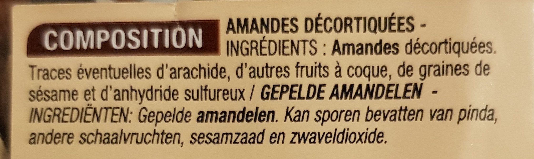 Amandes Entières Décortiquées 125 Grammes - Ingredients - fr