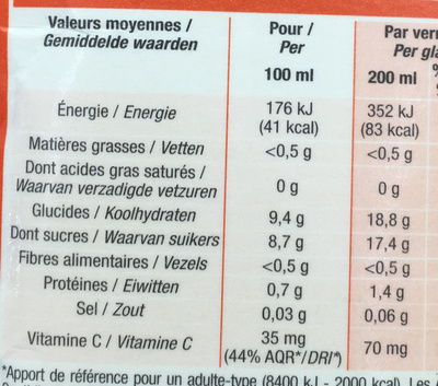 Pur jus Orange sanguine - Tableau nutritionnel