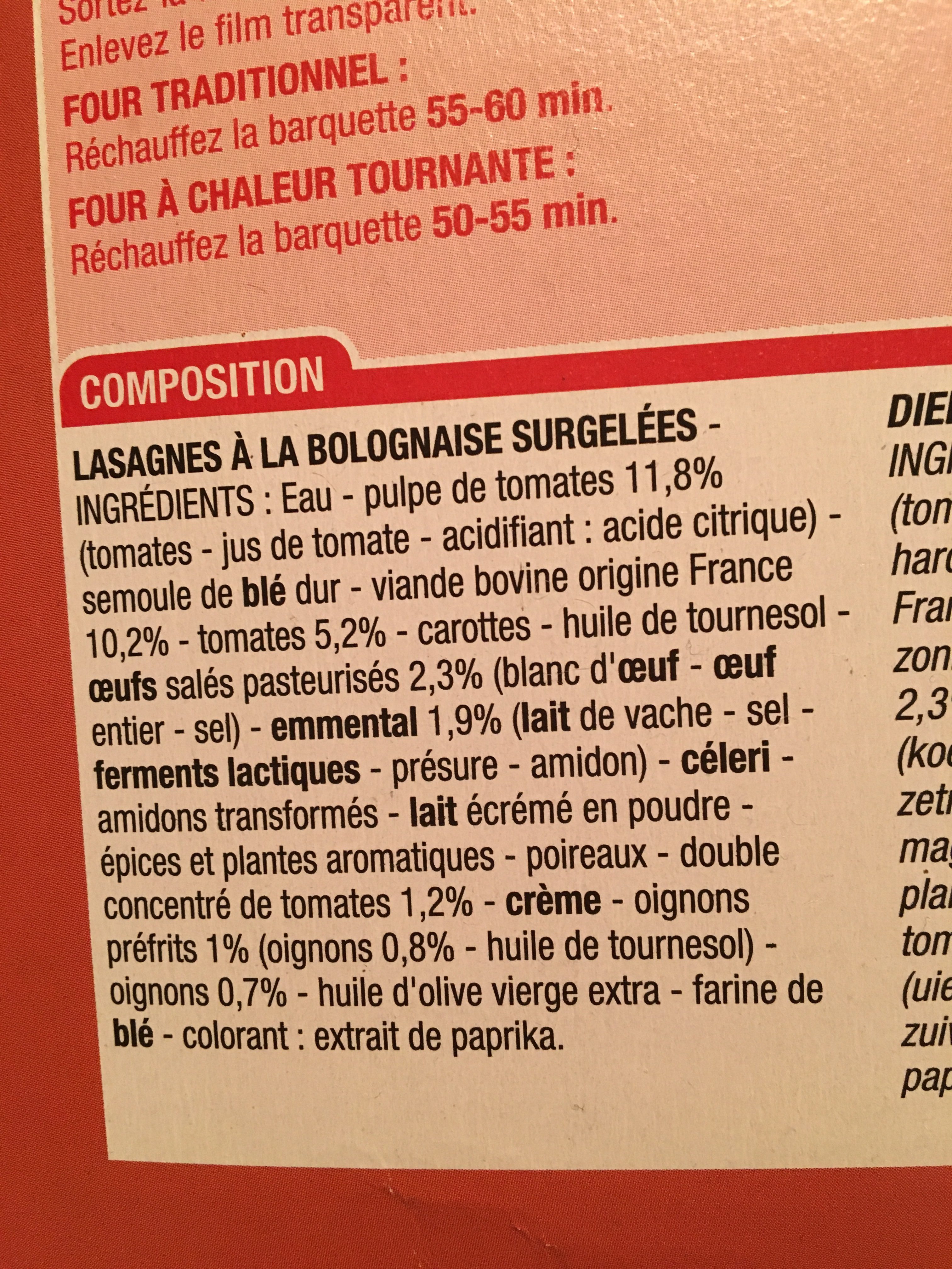 Lasagnes bolognaises surgelées - Ingredients - fr