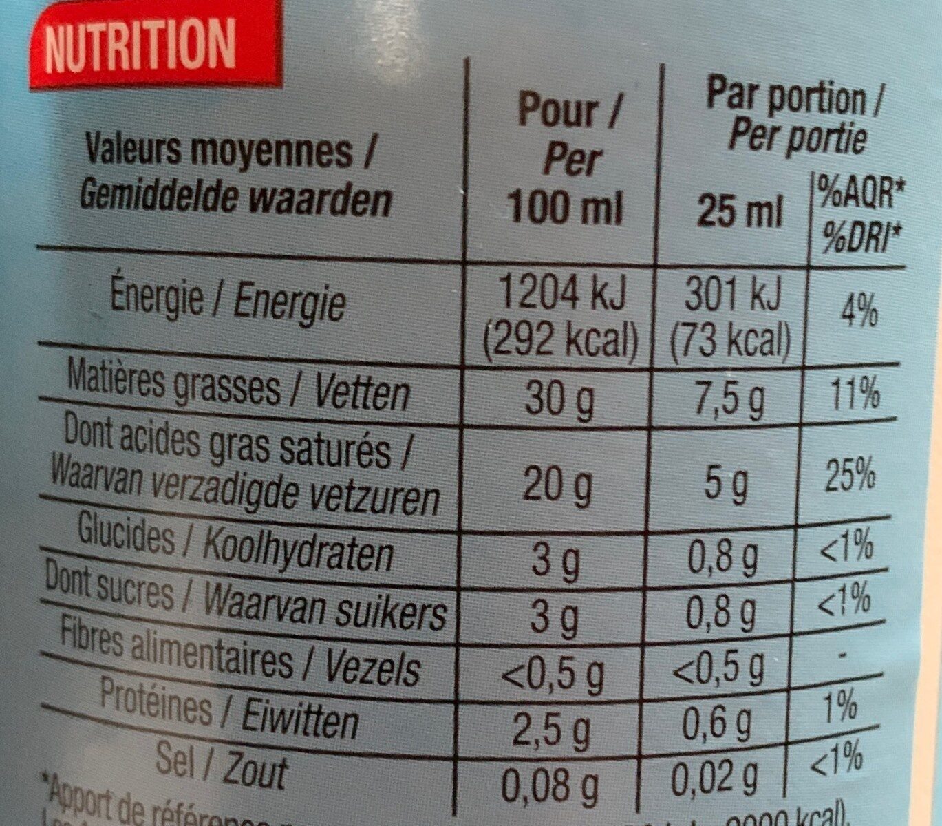 Crème Fraîche Entière - Nutrition facts - fr