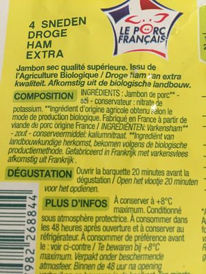 Jambon sec de qualité supérieure  80g Bio, 4 tranches - Ingredients - fr