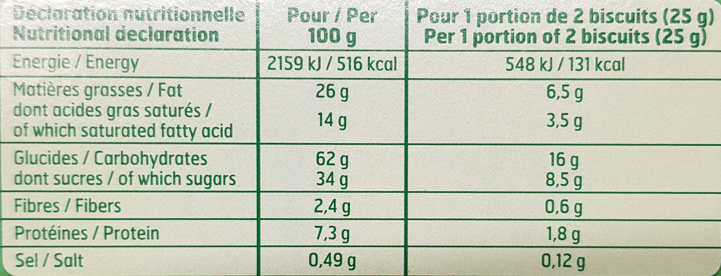 Boscuits tablette au chocolat au lait - Tableau nutritionnel
